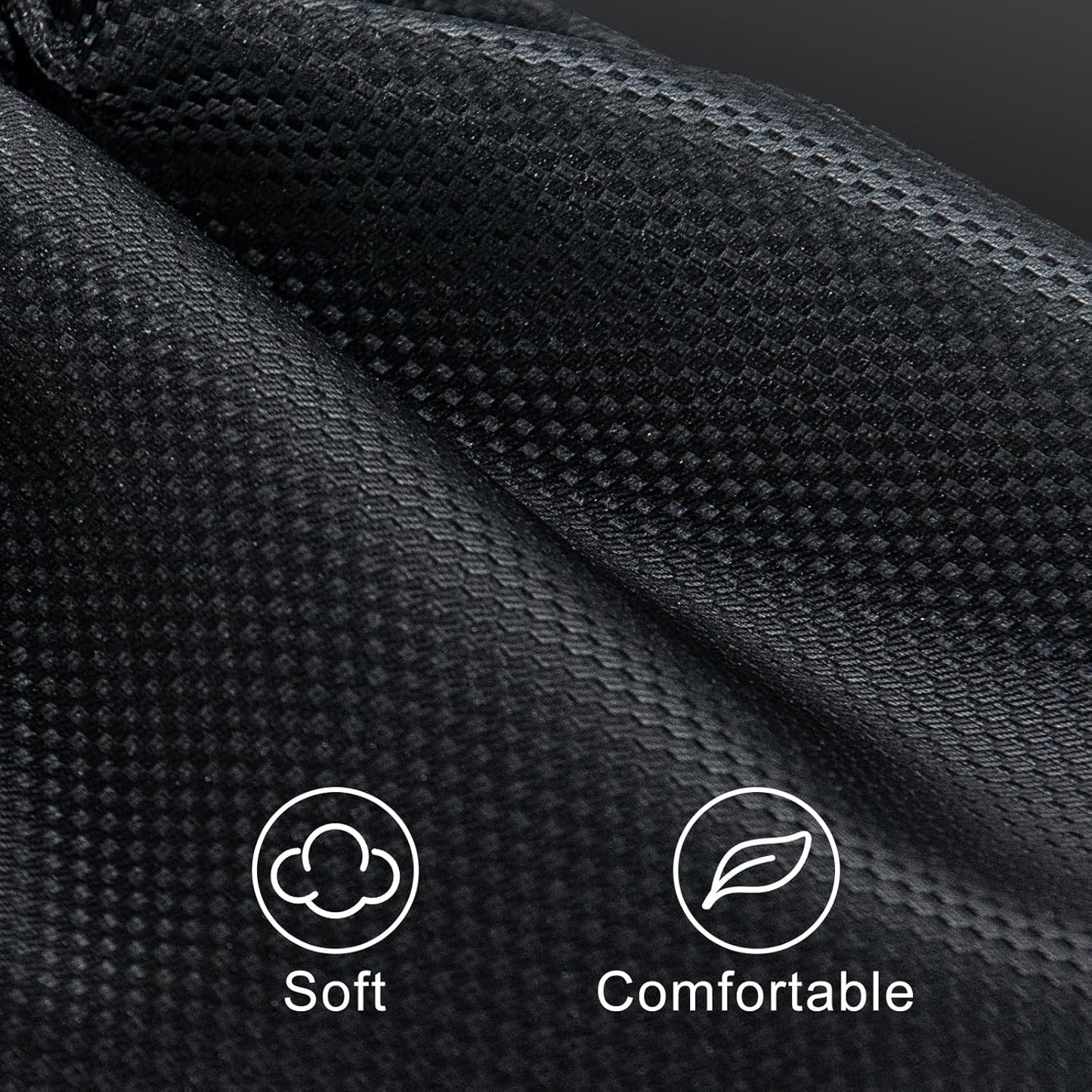 Close-up of black textured fabric with 'Soft' and 'Comfortable' icons.