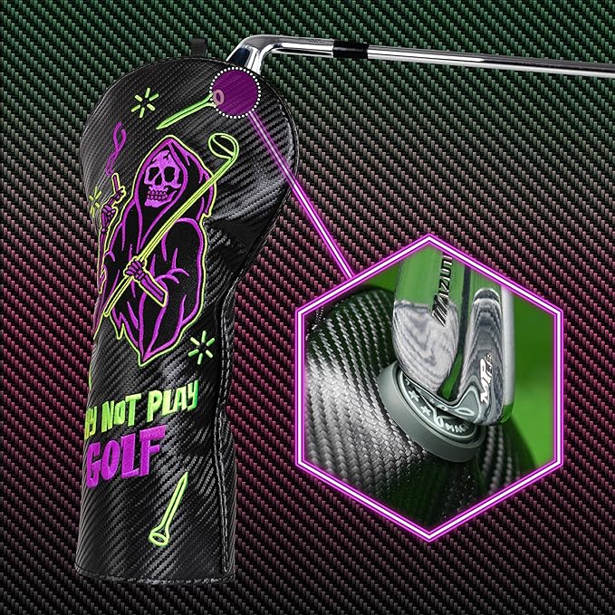 Golf club with a black and purple golf head cover featuring a grim reaper design on a carbon fiber background.