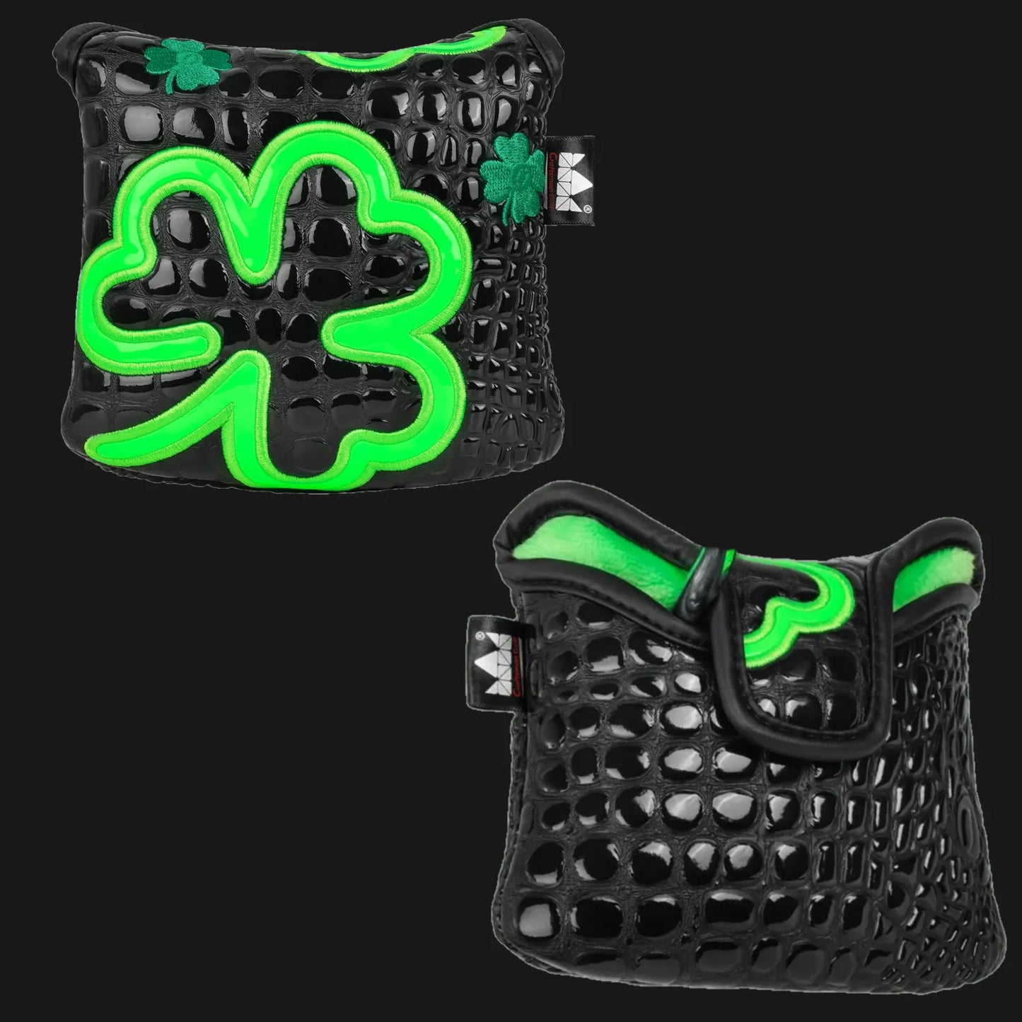 Black PU crocodile mallet putter headcover with green leaf design