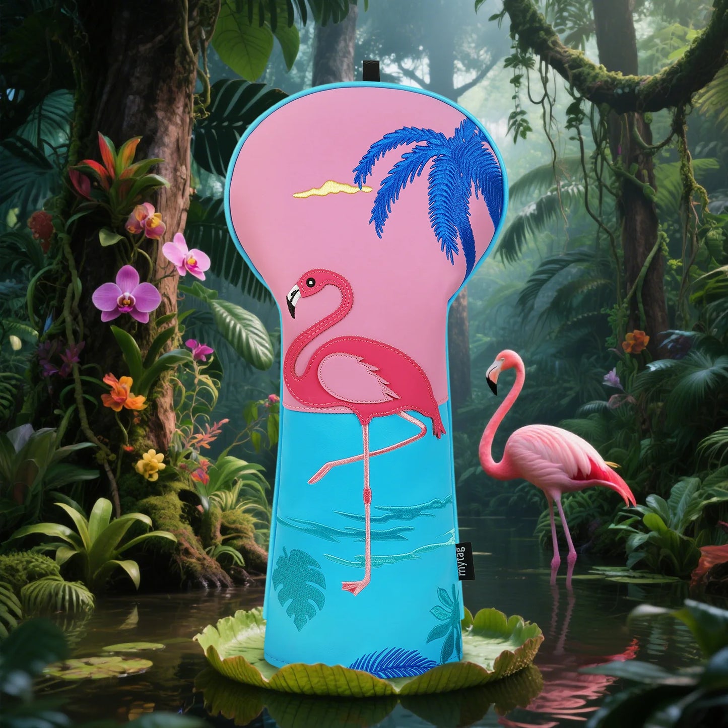 Flamingo-themed vibrant flamingo golf headcover in a tropical forest setting