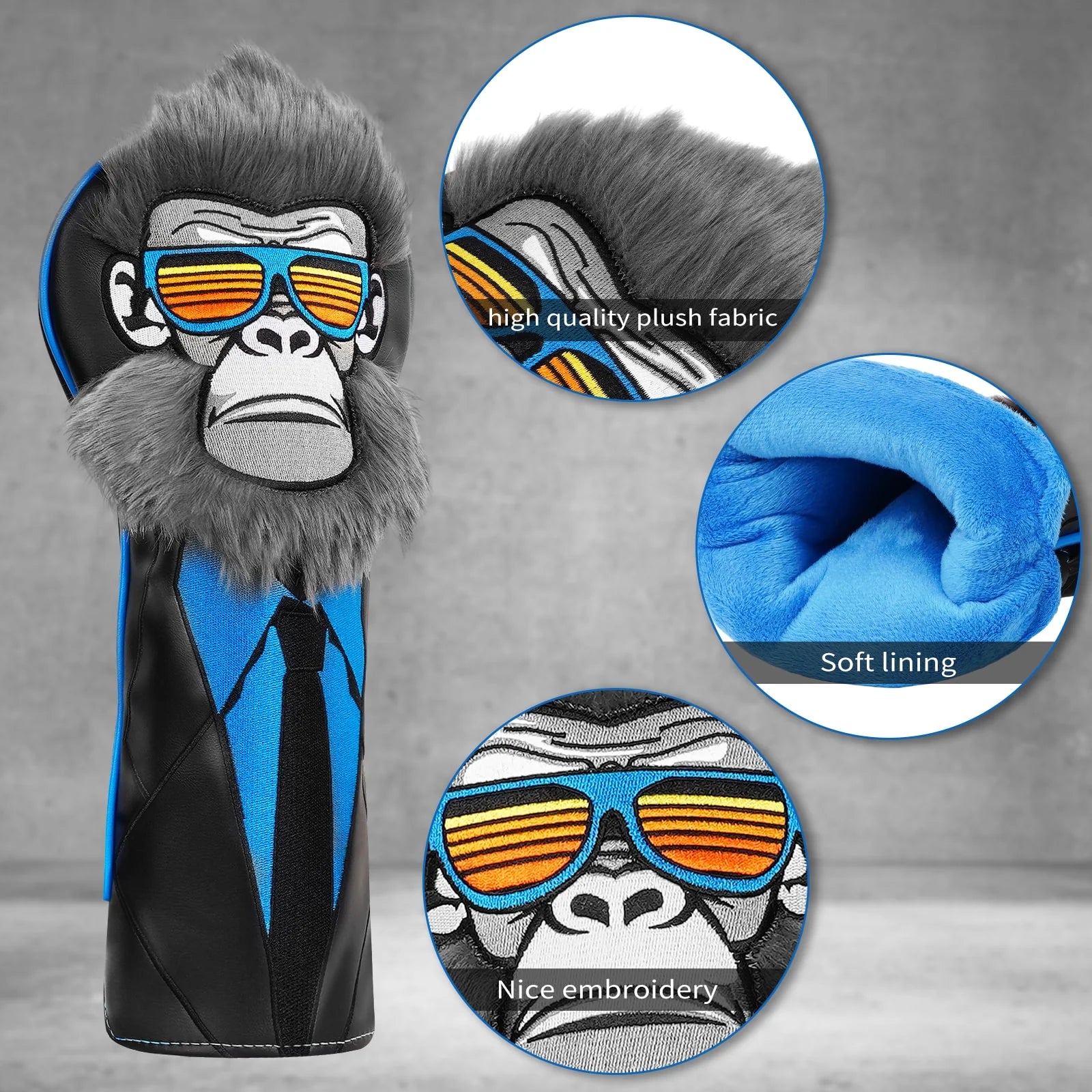 Gorilla headcover with sunglasses on a gray background, showing high-quality plush fabric, soft lining, and nice embroidery.