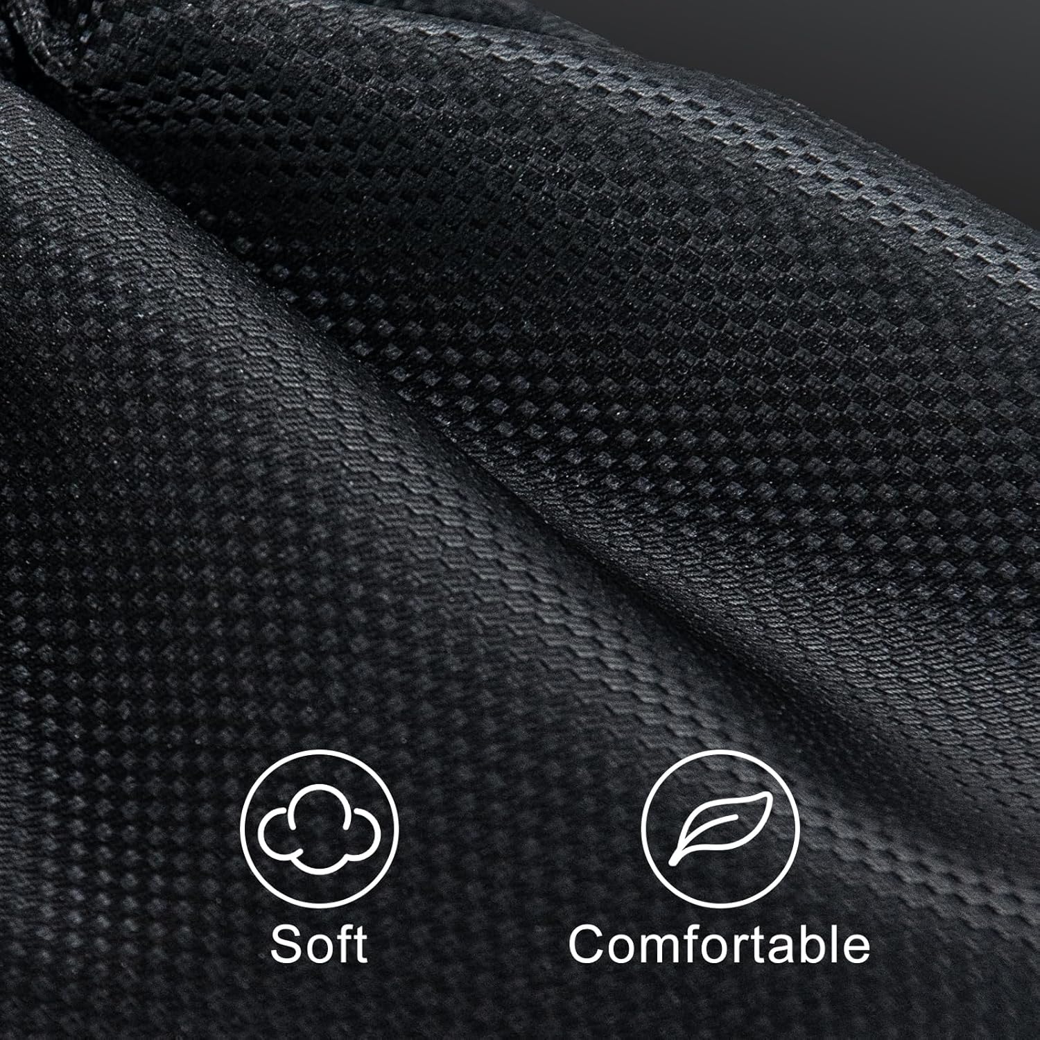 Close-up of black textured fabric with 'Soft' and 'Comfortable' icons.