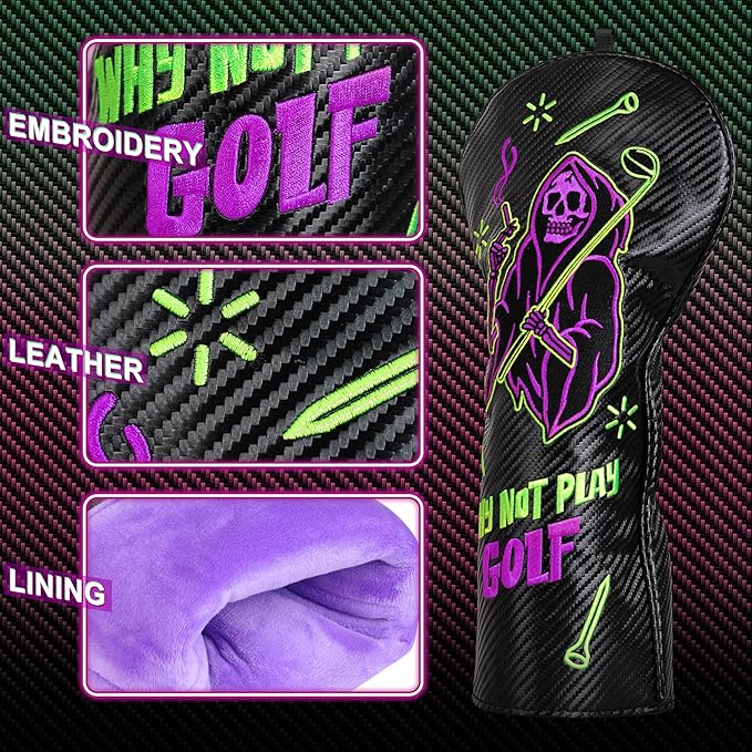 Golf club head cover with 'Why Not Play Golf' design on a carbon fiber background