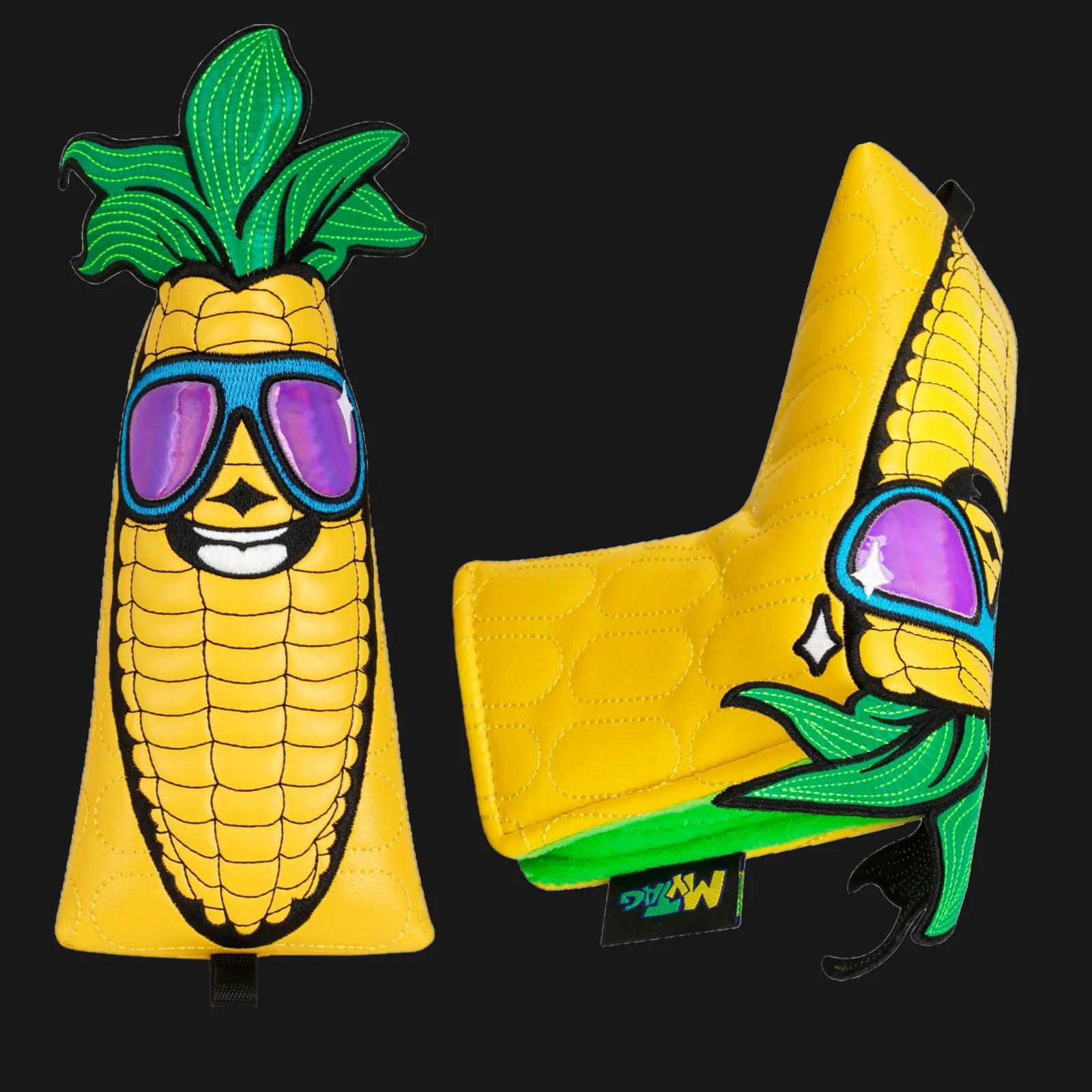 Yellow corn blade putter headcover with sunglasses design